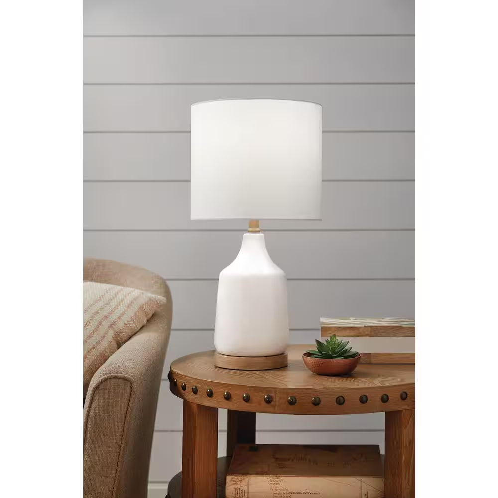 Saddlebrook 21.5 In. Cream Ceramic and Faux Wood Table Lamp with White Fabric Shade