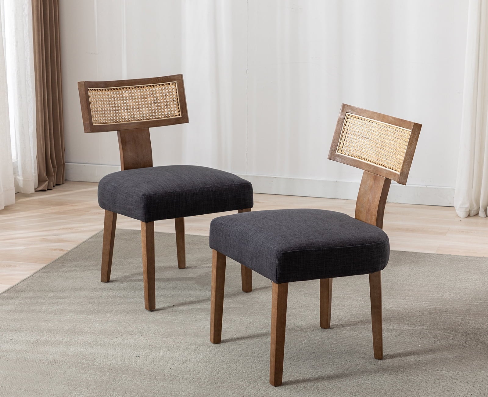 Modern Rattan Backrest Dining Chairs Set of 2, Mid-Century Farmhouse Linen Upholstered Kitchen Chairs Solid Wood Side Chairs for Kitchen Dining Room Living Room, Charcoal