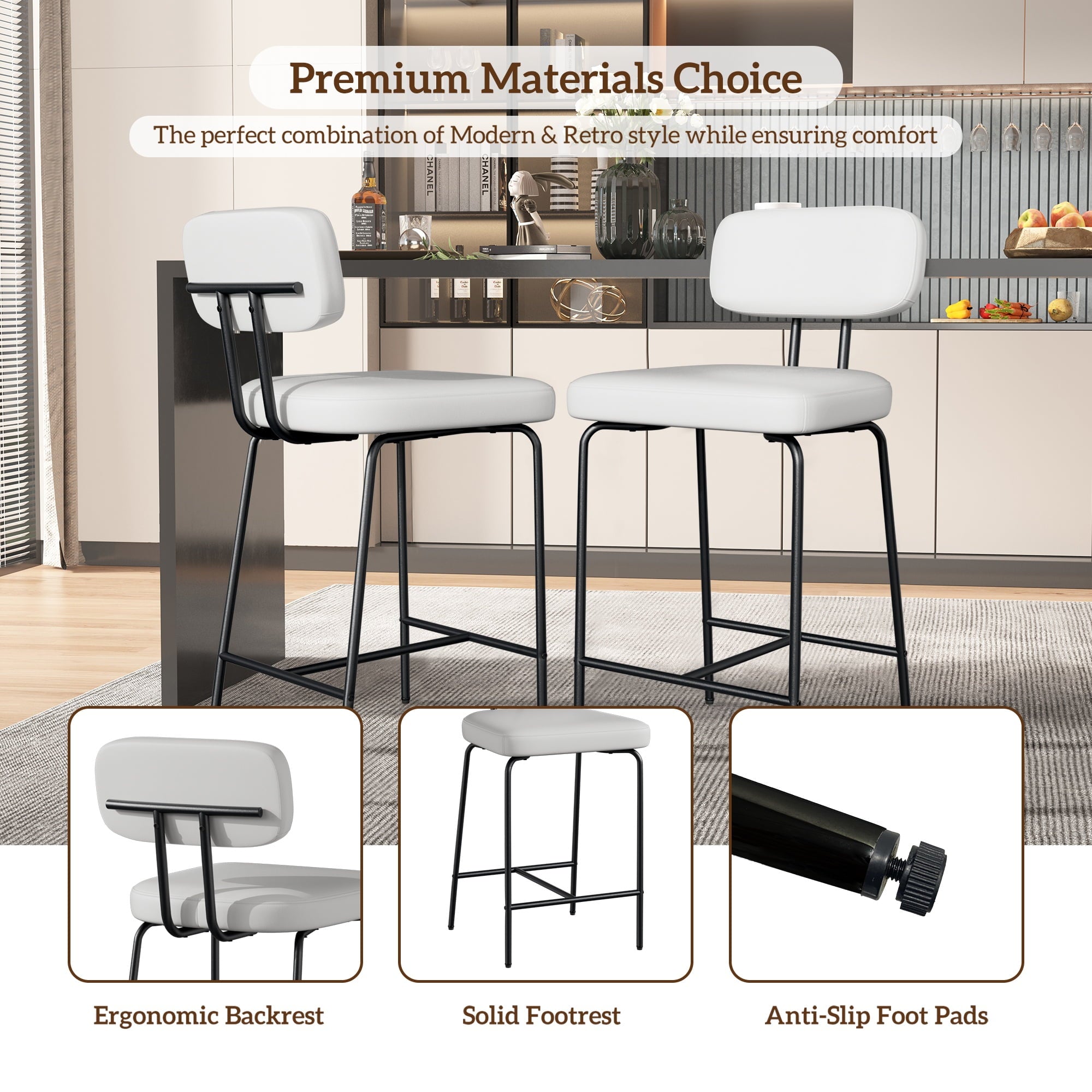 Set of 2 White PU Leather Bar Stools – 26" Counter Height with Back
