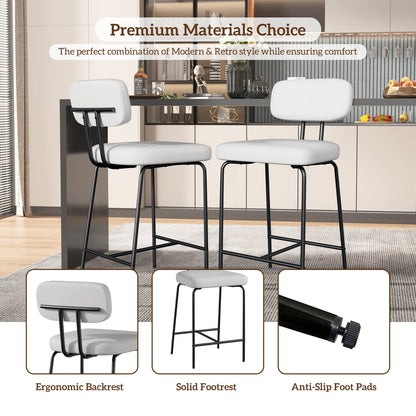 Set of 2 White PU Leather Bar Stools – 26" Counter Height with Back