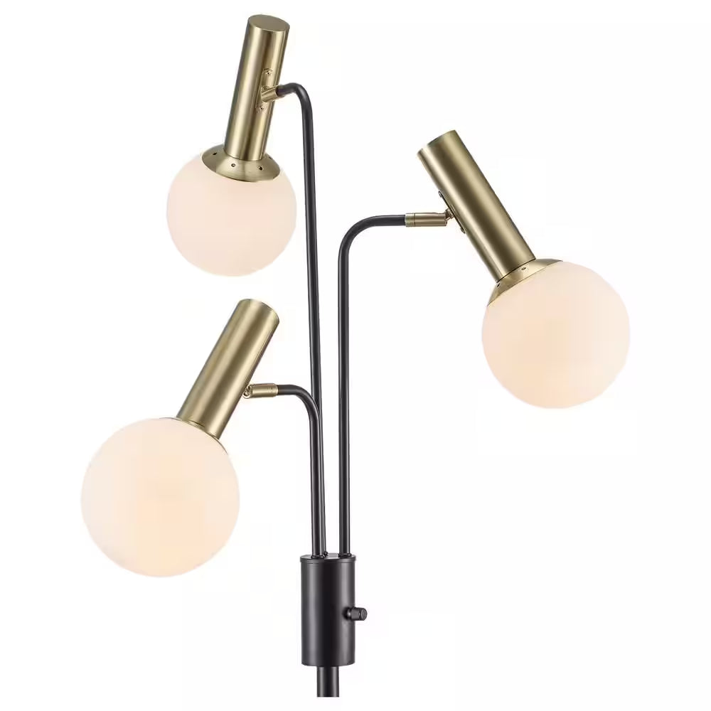 Kingsbridge 70 In. 3-Light Black and Gold Tree Floor Lamp with White Glass Globe Shades