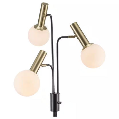 Kingsbridge 70 In. 3-Light Black and Gold Tree Floor Lamp with White Glass Globe Shades