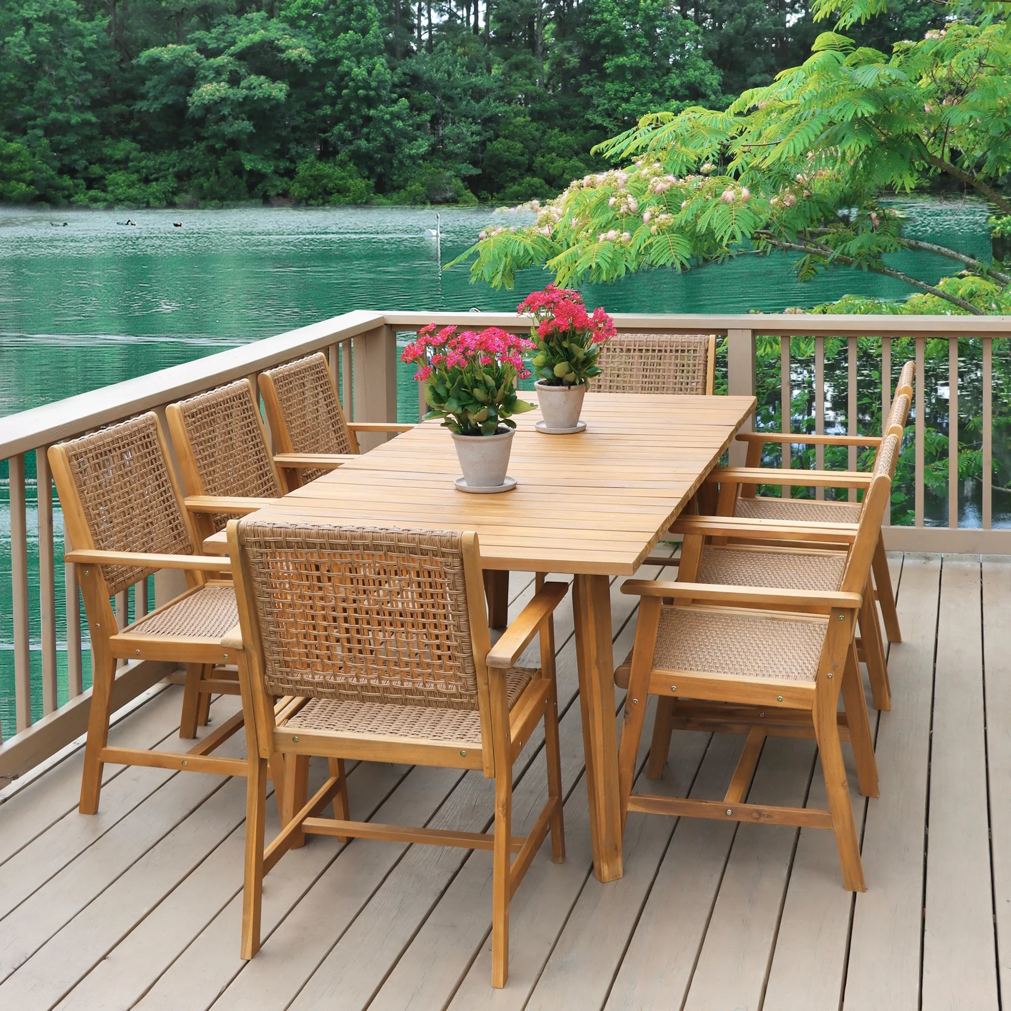 2-Piece Acacia Wood Patio Dining Chairs (Weight Capacity 350 Lbs) with Rattan Seat & Back, Natural Wood Outdoor Chairs