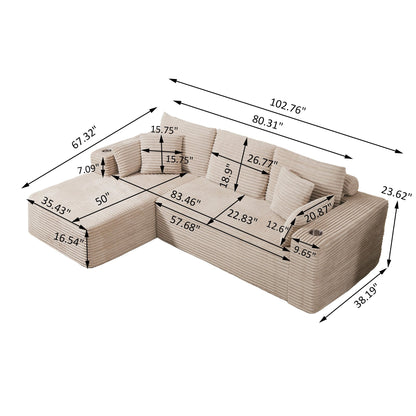 102.76" Corduroy Cloudy L Shaped Sofa with Headrests and Toss Pillows