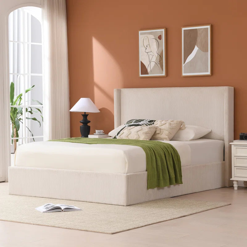 Wauseon Luxury Hydraulic Lift up Storage Corduroy Upholstered Platform Bed,Modern Wingback Design,No Box Spring Needed, Noise-Free