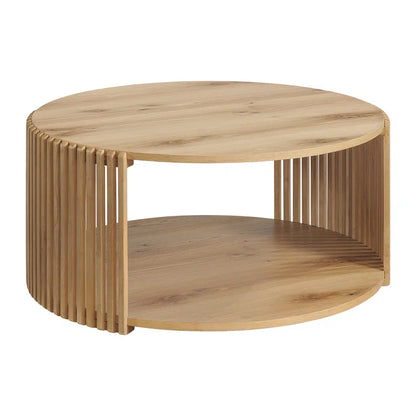 Stylish Estie Round Wood Slatted Coffee Table with Convenient Open Shelf and Hidden Wheels