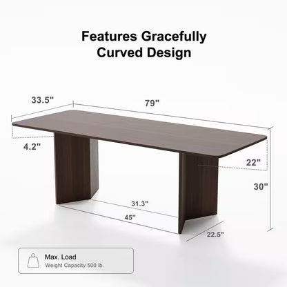 Brix Modern Rectangle Walnut Wood Top 79 In. Double Pedestal Base Dining Table Seats 8