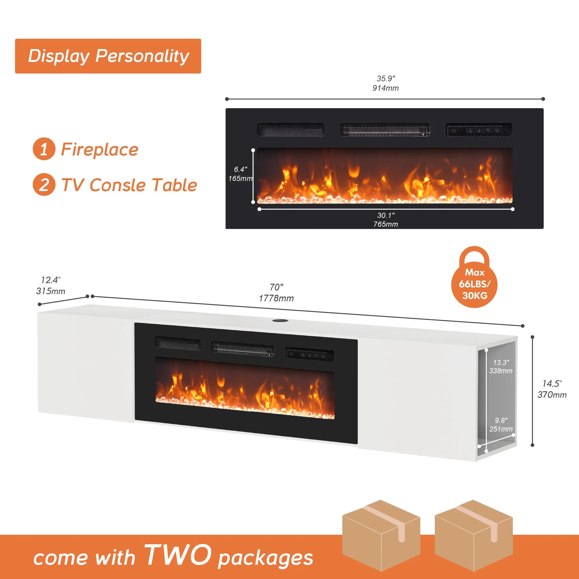 Modern Floating TV Stand with Electric Fireplace for Tvs up to 80"