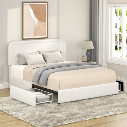 Ivory Bouclé Queen Storage Bed – Curved Tufted Headboard with 2 Drawers