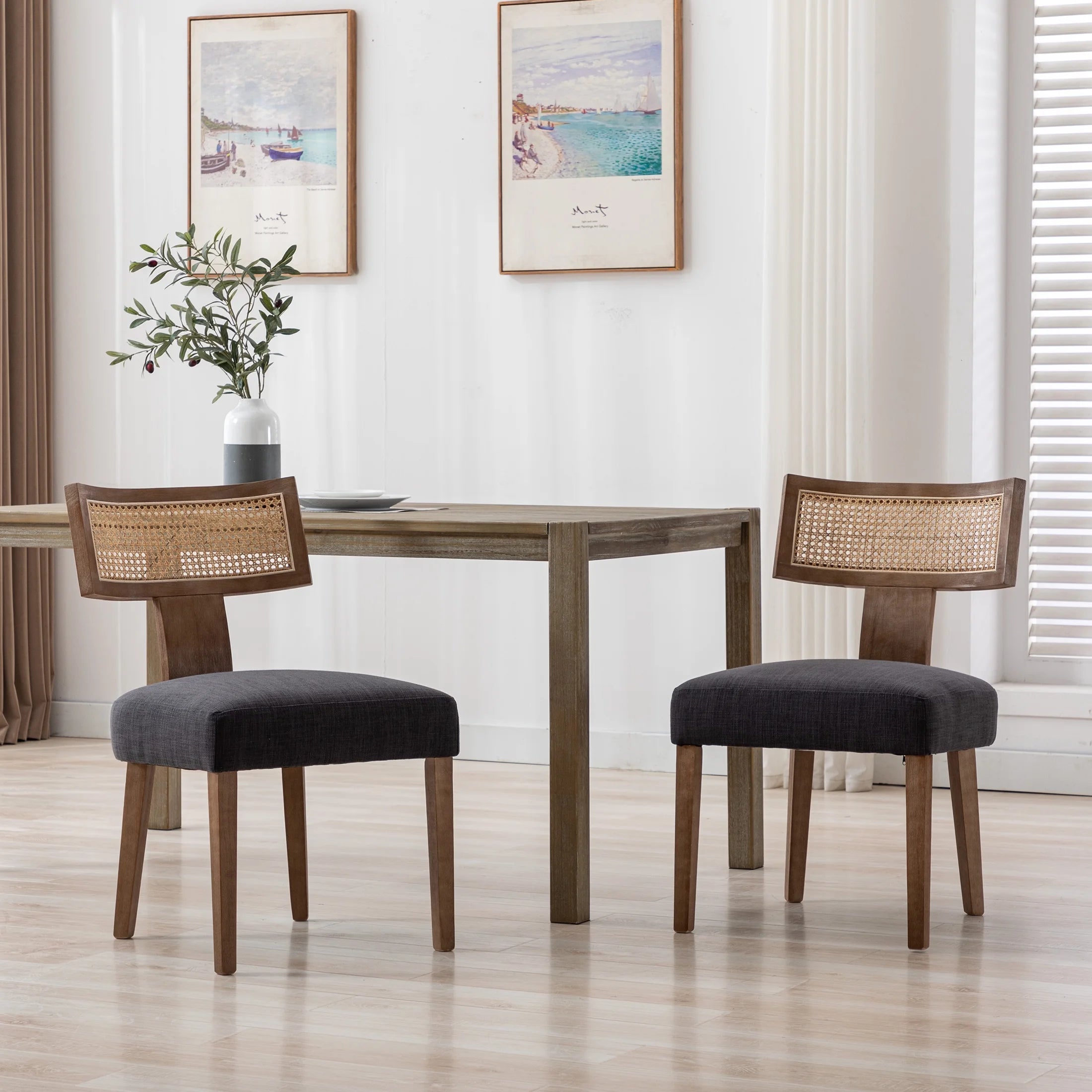 Modern Rattan Backrest Dining Chairs Set of 2, Mid-Century Farmhouse Linen Upholstered Kitchen Chairs Solid Wood Side Chairs for Kitchen Dining Room Living Room, Charcoal
