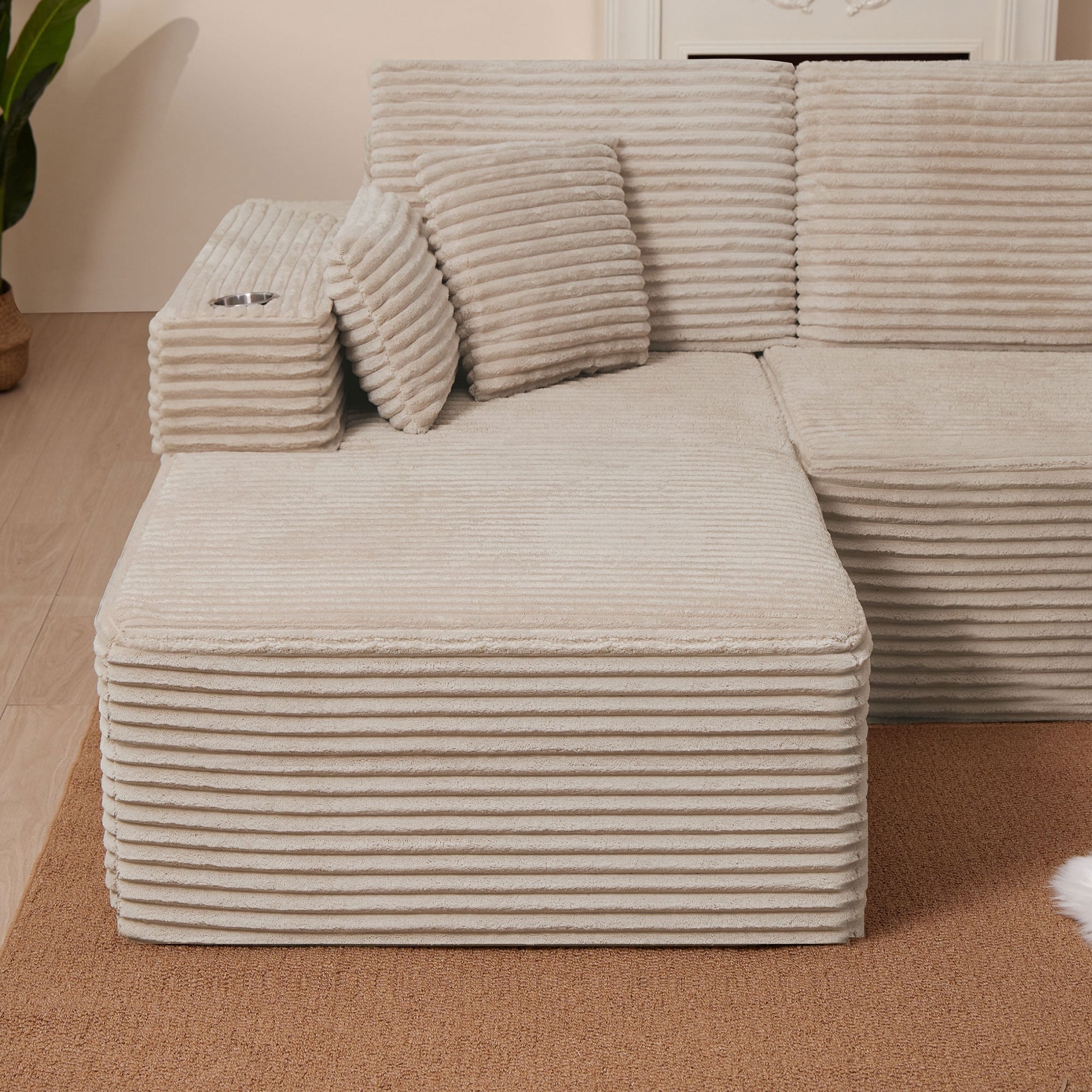 102.76" Corduroy Cloudy L Shaped Sofa with Headrests and Toss Pillows