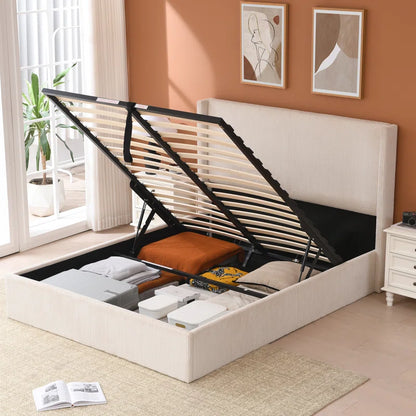 Wauseon Luxury Hydraulic Lift up Storage Corduroy Upholstered Platform Bed,Modern Wingback Design,No Box Spring Needed, Noise-Free