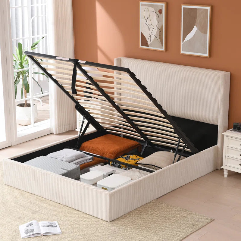 Wauseon Luxury Hydraulic Lift up Storage Corduroy Upholstered Platform Bed,Modern Wingback Design,No Box Spring Needed, Noise-Free