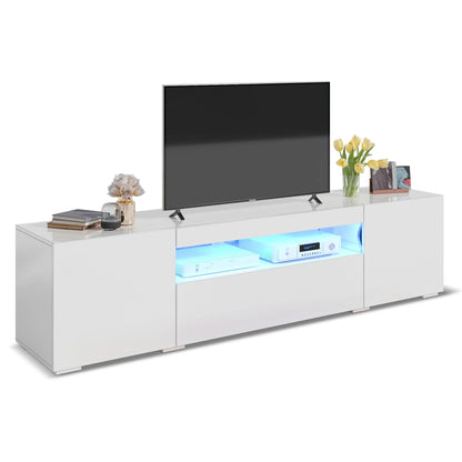 Large LED TV Stand for 75 Inch Tvs White High Glossy Media Center with 2 Cabinets and 1 Drawer for Living Room, 70"