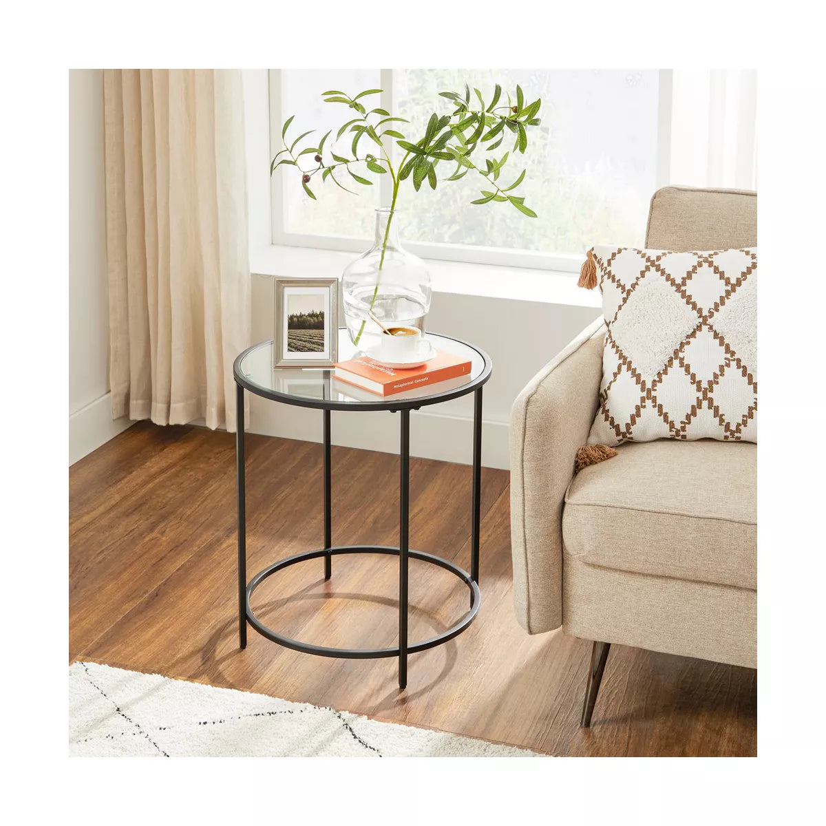 VASAGLE round Side Table, Glass End Table with Metal Frame, Laurel Green Coffee Table with Modern Style