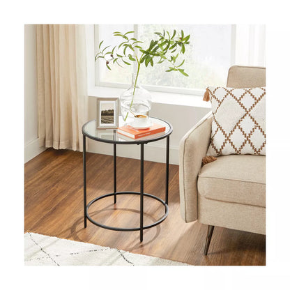 VASAGLE round Side Table, Glass End Table with Metal Frame, Laurel Green Coffee Table with Modern Style