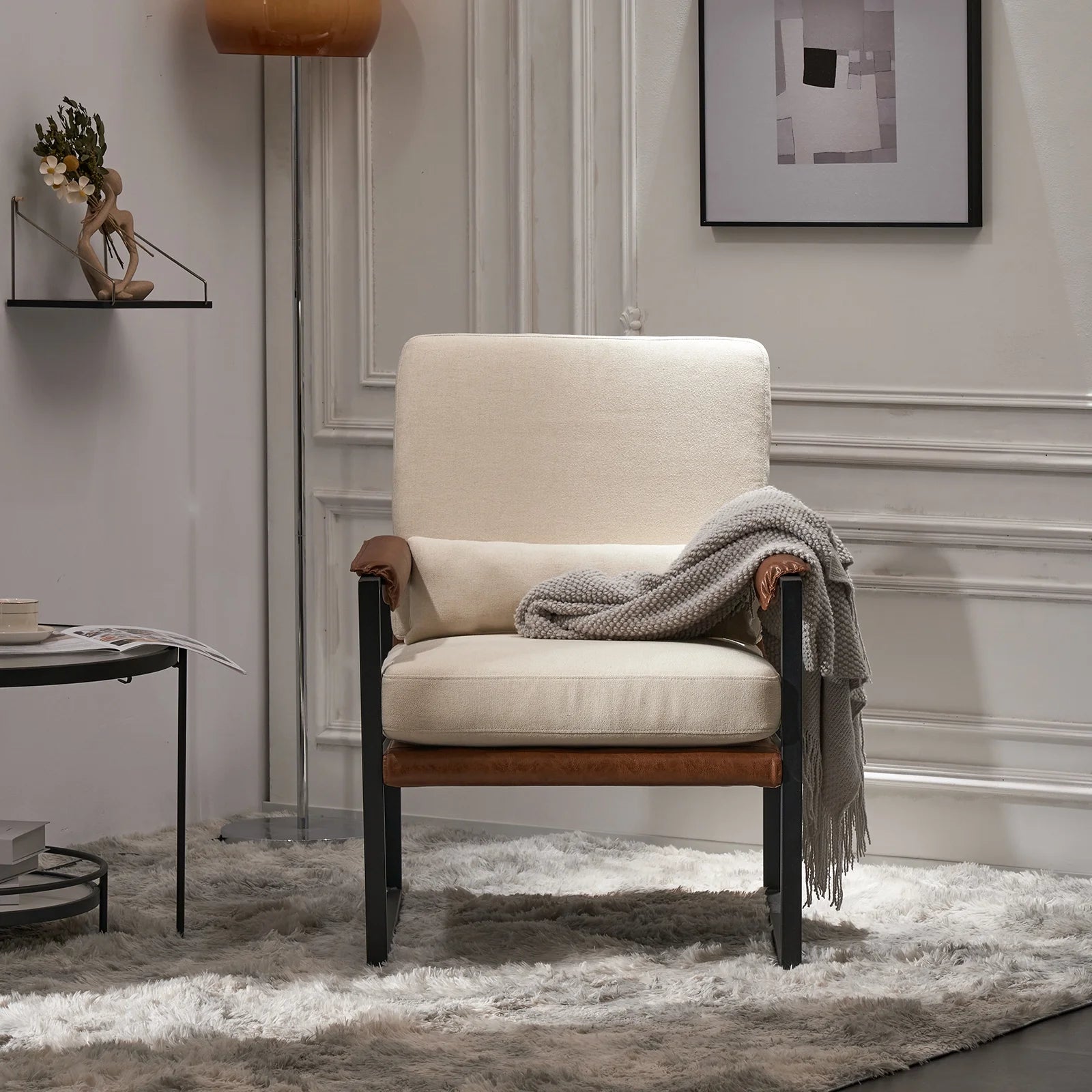Accent Chair Lounge Armchair Modern Linen Fabric Upholstered Single Sofa with Black Coated Metal Frame Creamy White and Brown