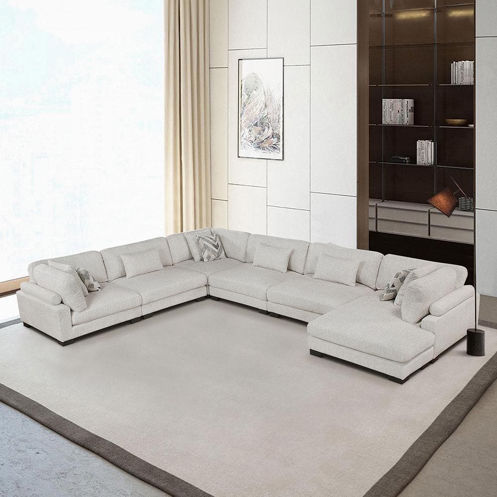 135 In. Pillow Top Arm 6-Piece Textured Microfiber Modular Sectional Sofa in Beige with Chaise