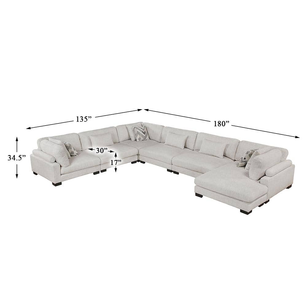 135 In. Pillow Top Arm 6-Piece Textured Microfiber Modular Sectional Sofa in Beige with Chaise
