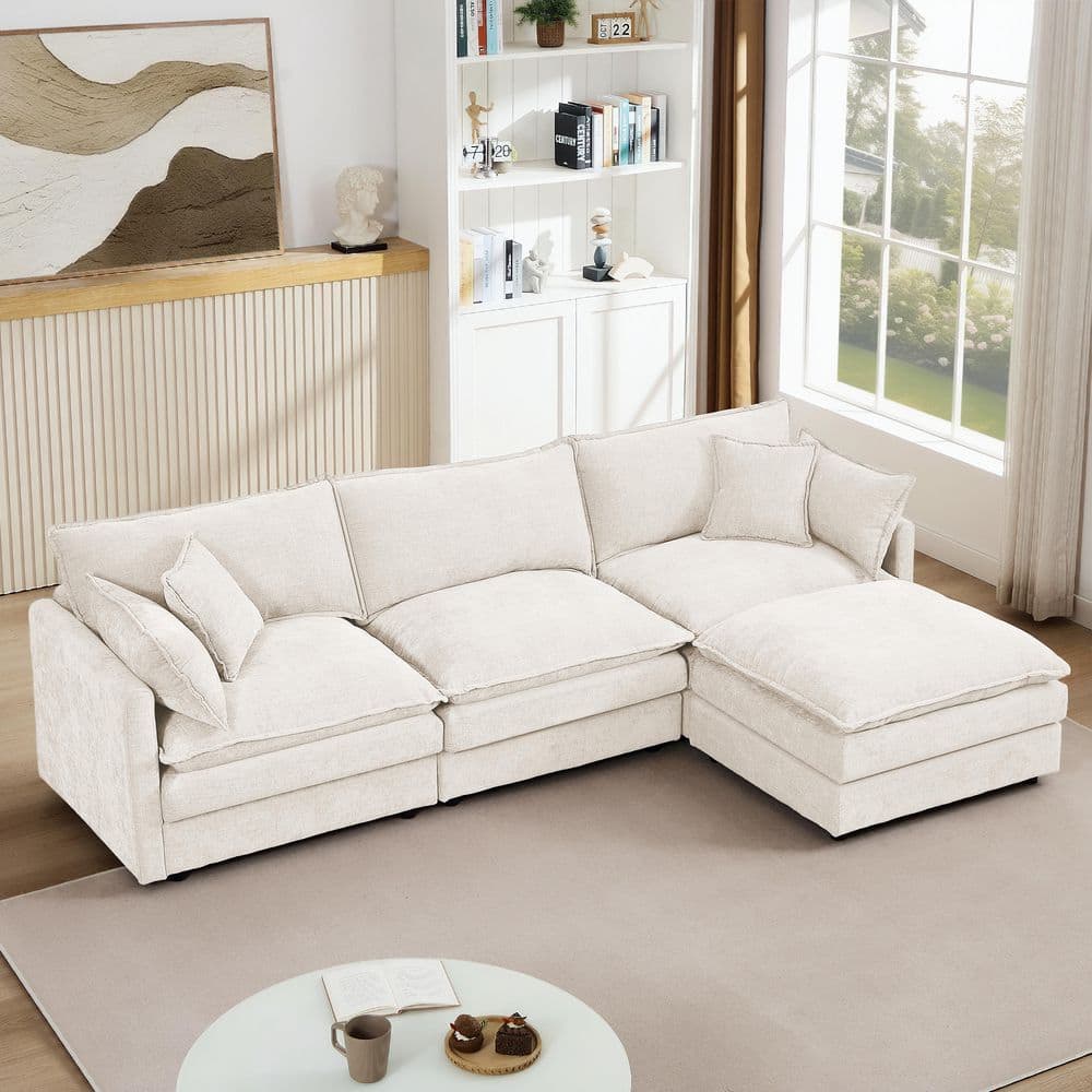 Modern 102 In. Upholstered Chenille L-Shaped Modular Sectional Sofa in Beige with Ottoman, Pillows, DIY