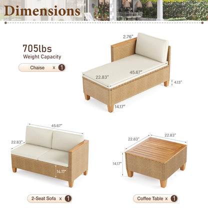 3-Piece Patio Furniture Conversation Set, Weather-Resistant Wicker Outdoor Sectional Sofa Set with Table & Cushions, Small Balcony & Porch Friendly