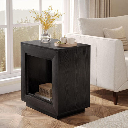 23.62 In. Black Rectangle Wood Side Table 2-Tier End Table with Metal Frame