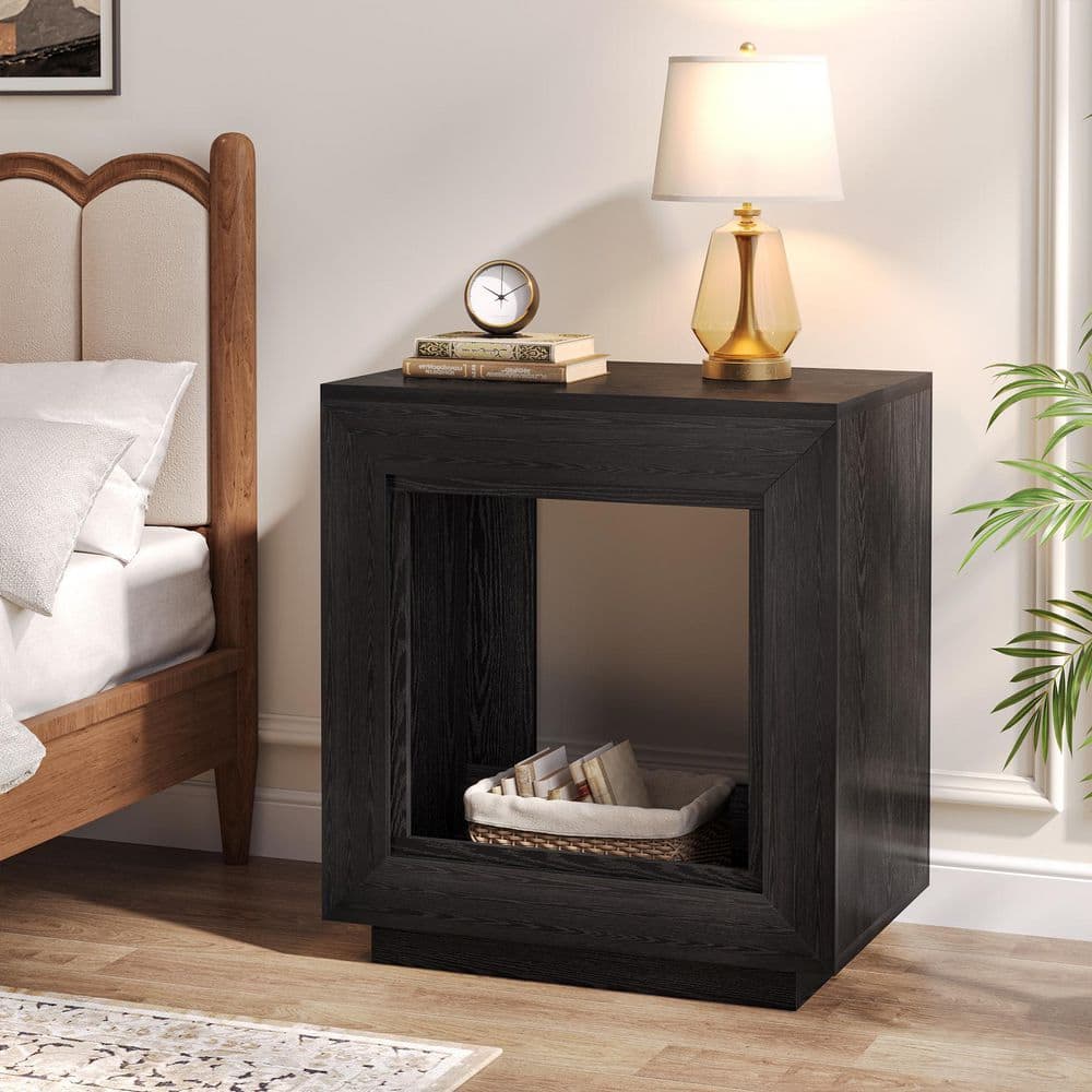 23.62 In. Black Rectangle Wood Side Table 2-Tier End Table with Metal Frame