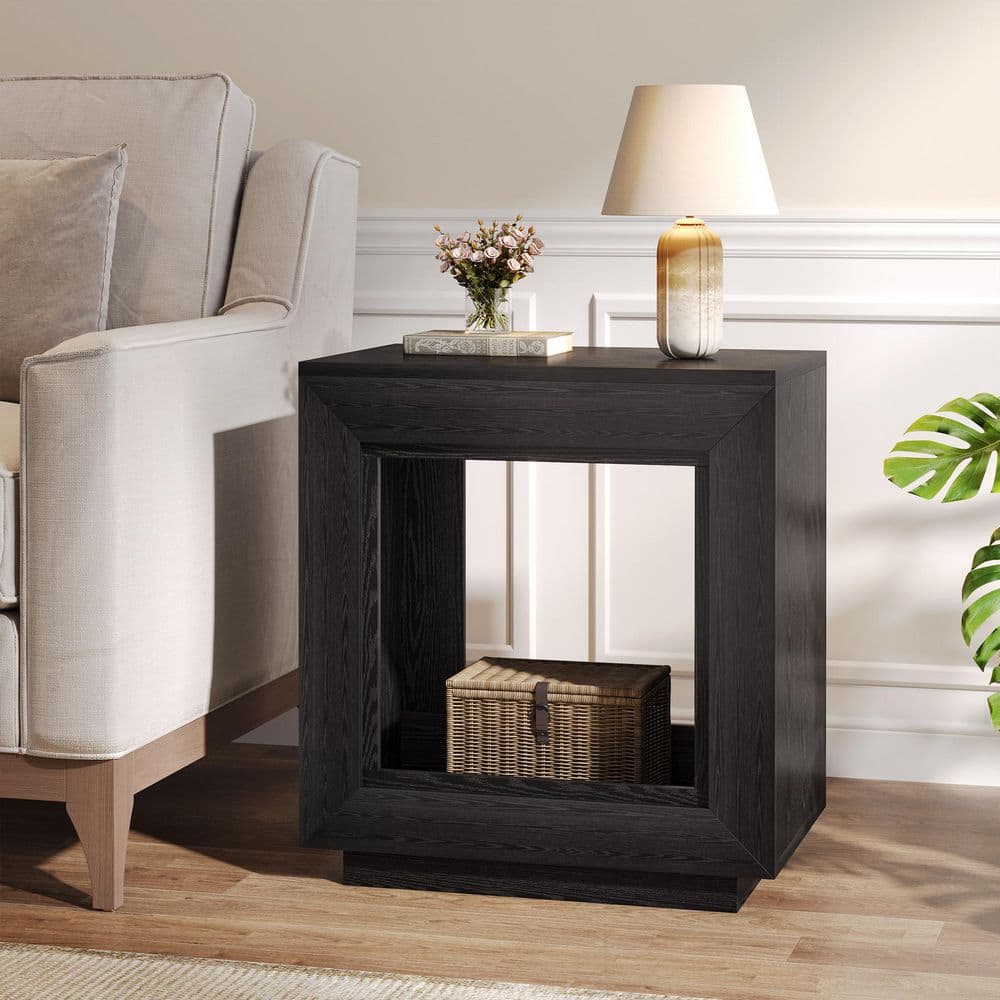23.62 In. Black Rectangle Wood Side Table 2-Tier End Table with Metal Frame