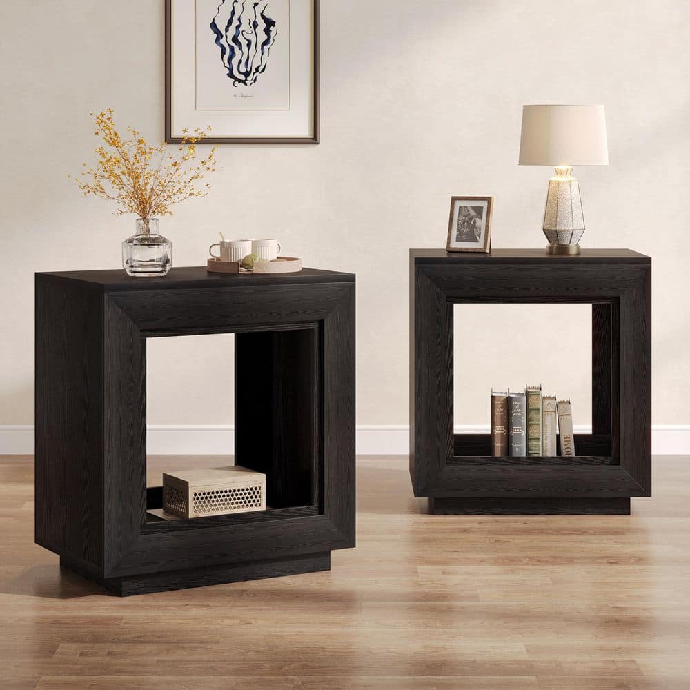 23.62 In. Black Rectangle Wood Side Table 2-Tier End Table with Metal Frame
