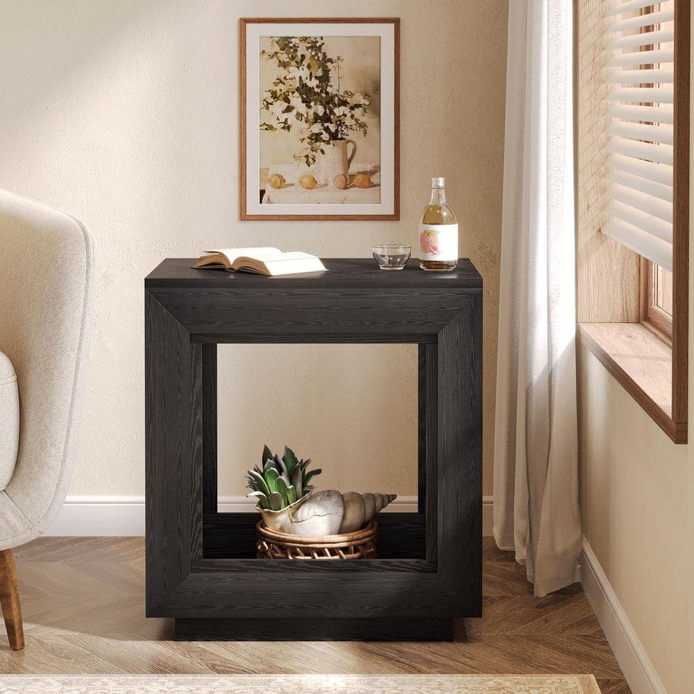 23.62 In. Black Rectangle Wood Side Table 2-Tier End Table with Metal Frame
