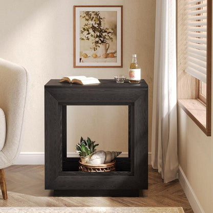 23.62 In. Black Rectangle Wood Side Table 2-Tier End Table with Metal Frame