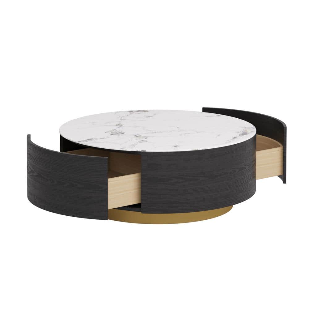 Black round Marble Top Coffee Table with Storage 33"