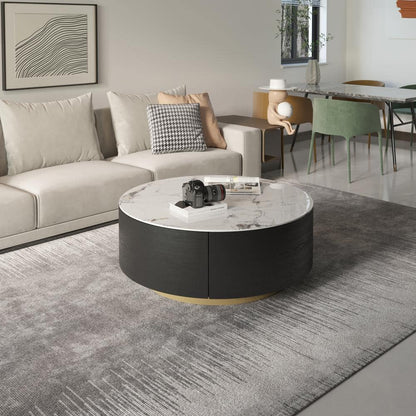 Black round Marble Top Coffee Table with Storage 33"