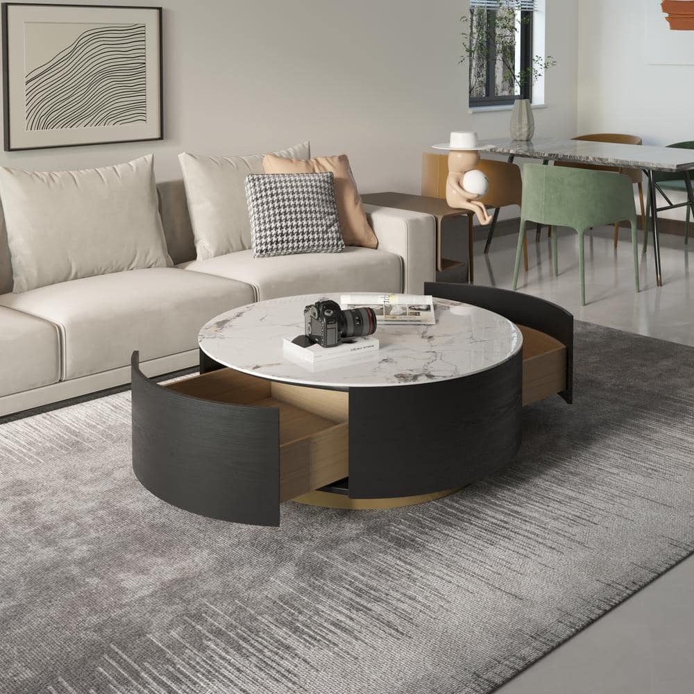Black round Marble Top Coffee Table with Storage 33"