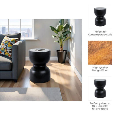 13 In. Black round Marble Top End Table with Ring