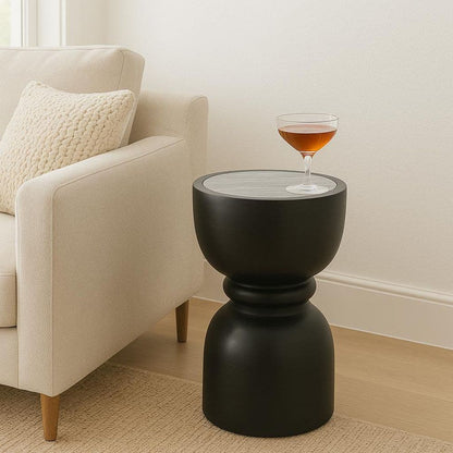 13 In. Black round Marble Top End Table with Ring