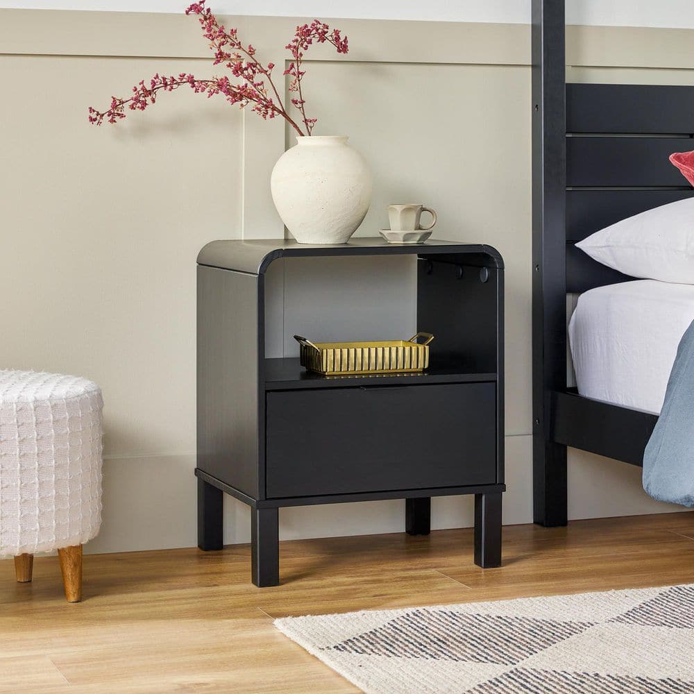 Black Solid Wood Modern Rounded 19 In. W Nightstand 