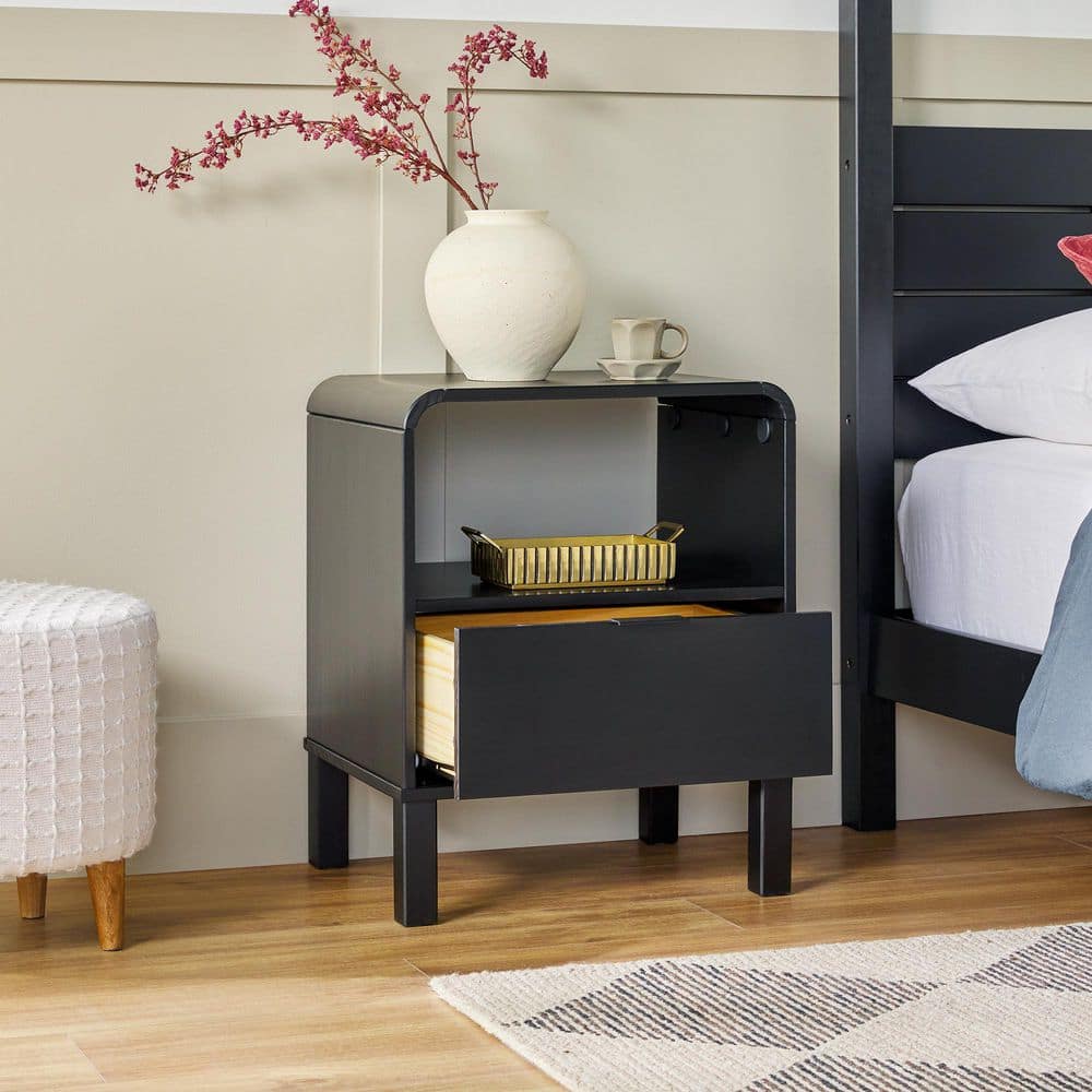 Black Solid Wood Modern Rounded 19 In. W Nightstand 