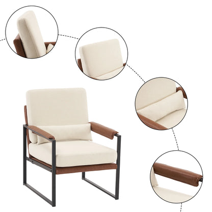 Accent Chair Lounge Armchair Modern Linen Fabric Upholstered Single Sofa with Black Coated Metal Frame Creamy White and Brown
