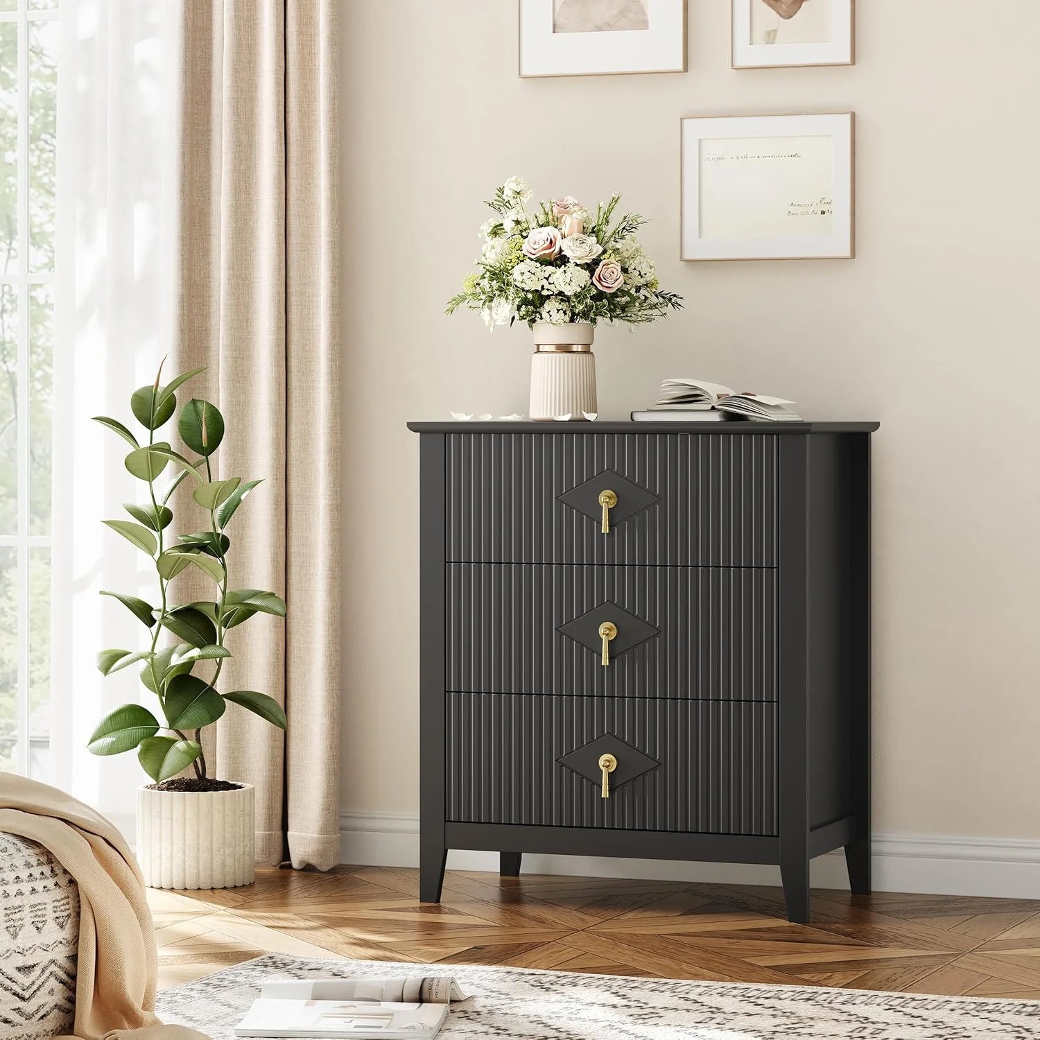 Fluted Dresser for Bedroom 27.5" Wide, 3-Drawer Wood Dresser Nightstand for Bedroom, Modern Chest of Drawers, Storage Organizer Cabinet for Living Room, Hallway, Entryway, Black