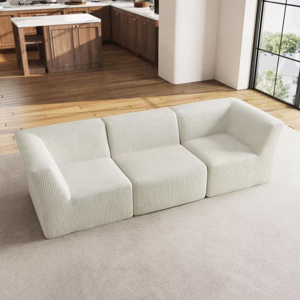 106.15 In. Modern Square Arm Corduroy Upholstered Rectangle 3-Seater Sofa in Beige