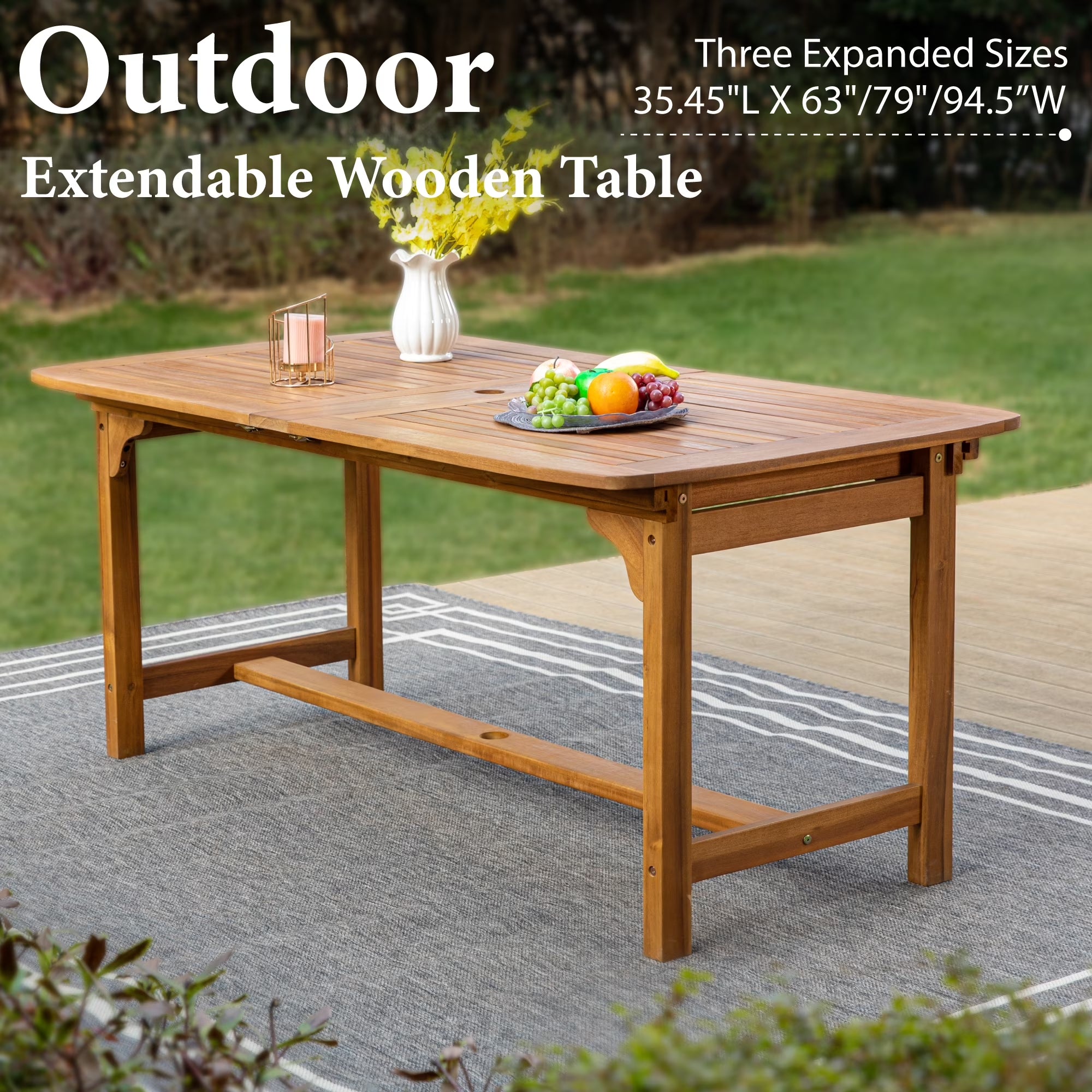 7-Piece Acacia Wood Outdoor Patio Dining Set with 6 Wooden Chairs with Cushions & 1 Expandable Wooden Dining Table for 6-8 Person