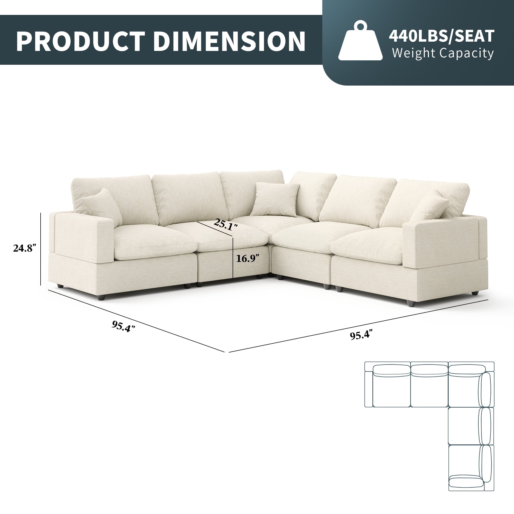 95.4" Modular Cloud Sectional | 5-Seat L-Shape Sofa