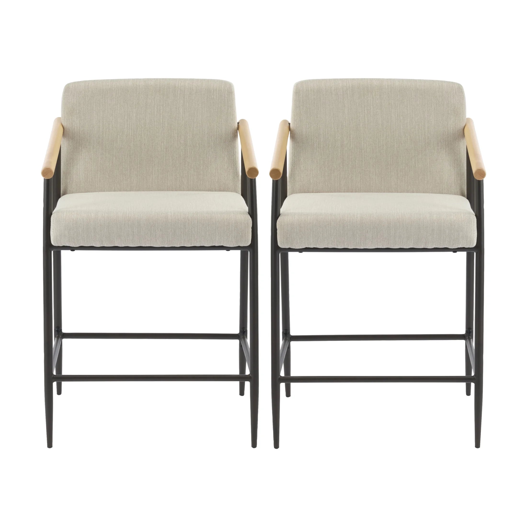 Beige Cushion, Counter Height Stools, Metal Frame, Wood Armrests, Set of 2