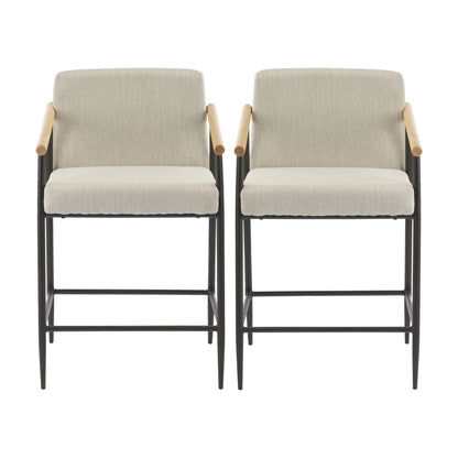 Beige Cushion, Counter Height Stools, Metal Frame, Wood Armrests, Set of 2