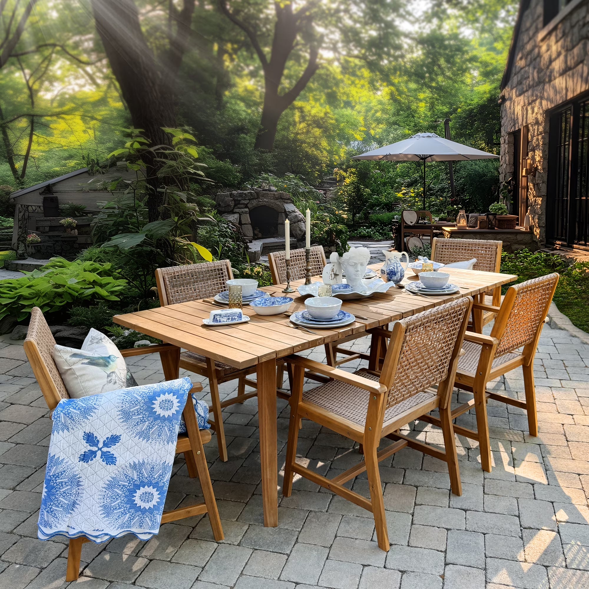 2-Piece Acacia Wood Patio Dining Chairs (Weight Capacity 350 Lbs) with Rattan Seat & Back, Natural Wood Outdoor Chairs