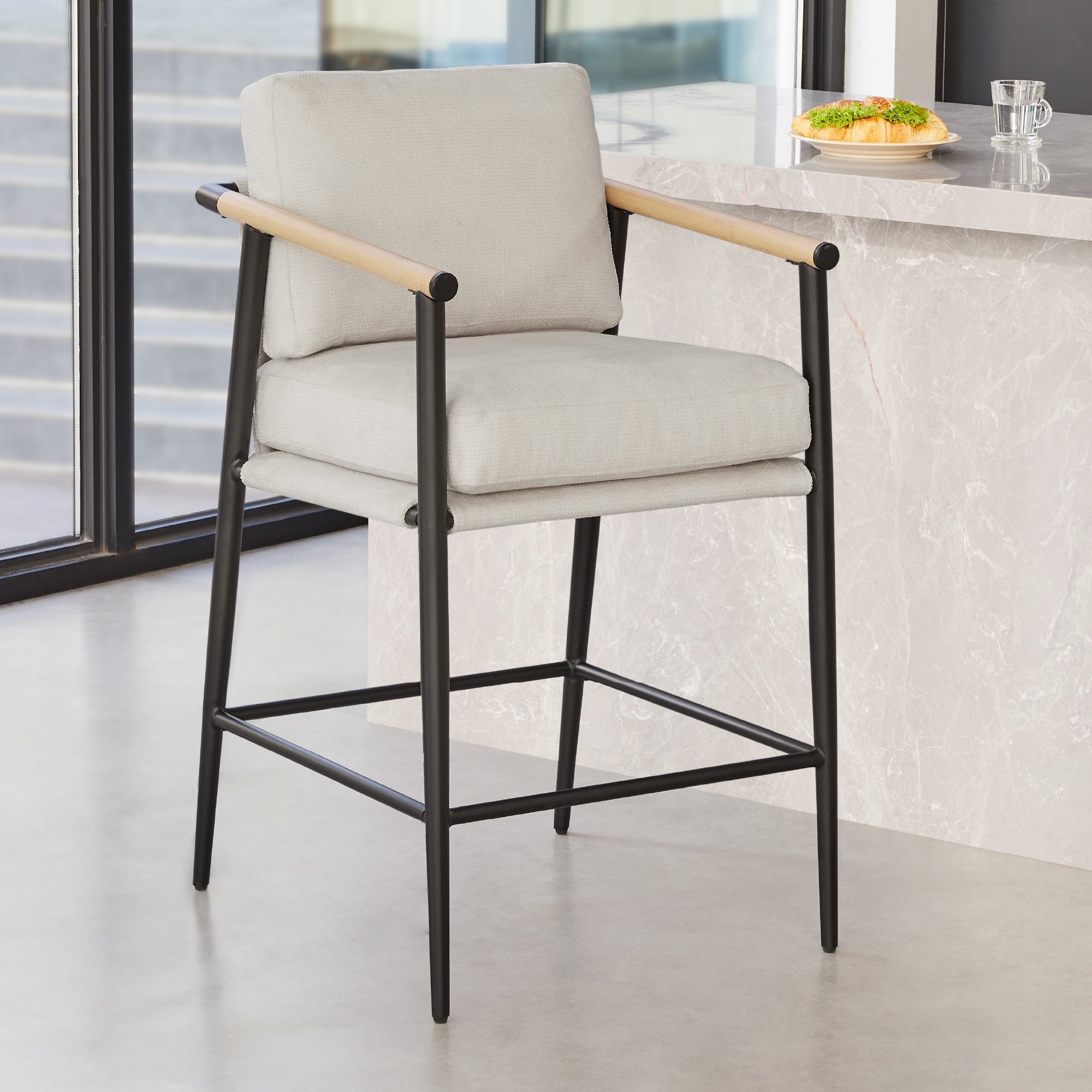 Modern Upholstered Bar Stools with Metal Frame and Wooden Armrests, Fabric in Beige