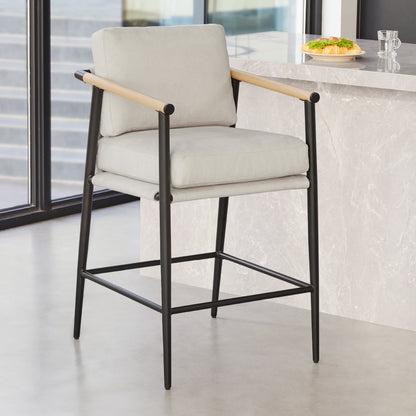 Modern Upholstered Bar Stools with Metal Frame and Wooden Armrests, Fabric in Beige