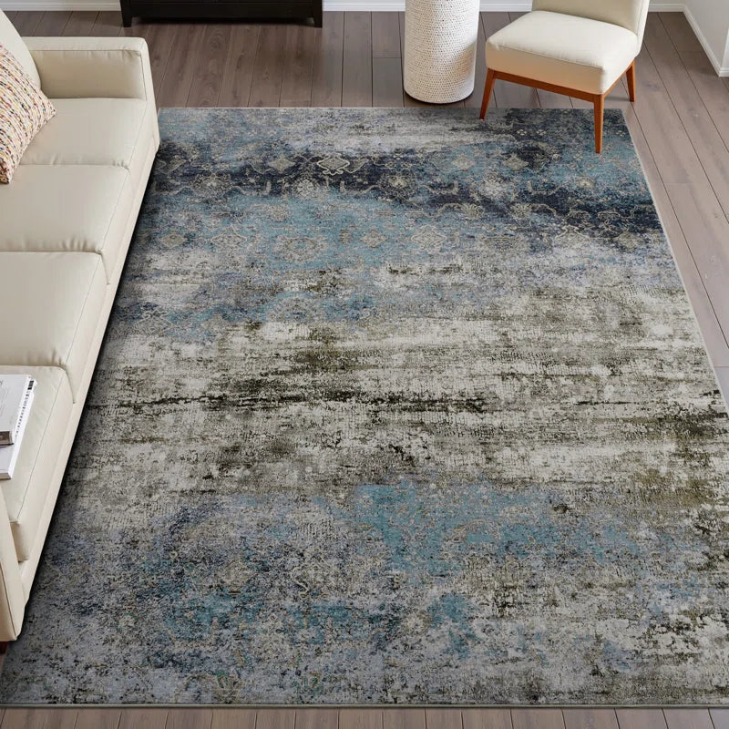 Vintage Distressed Teal Non-Slip Washable Area Rug