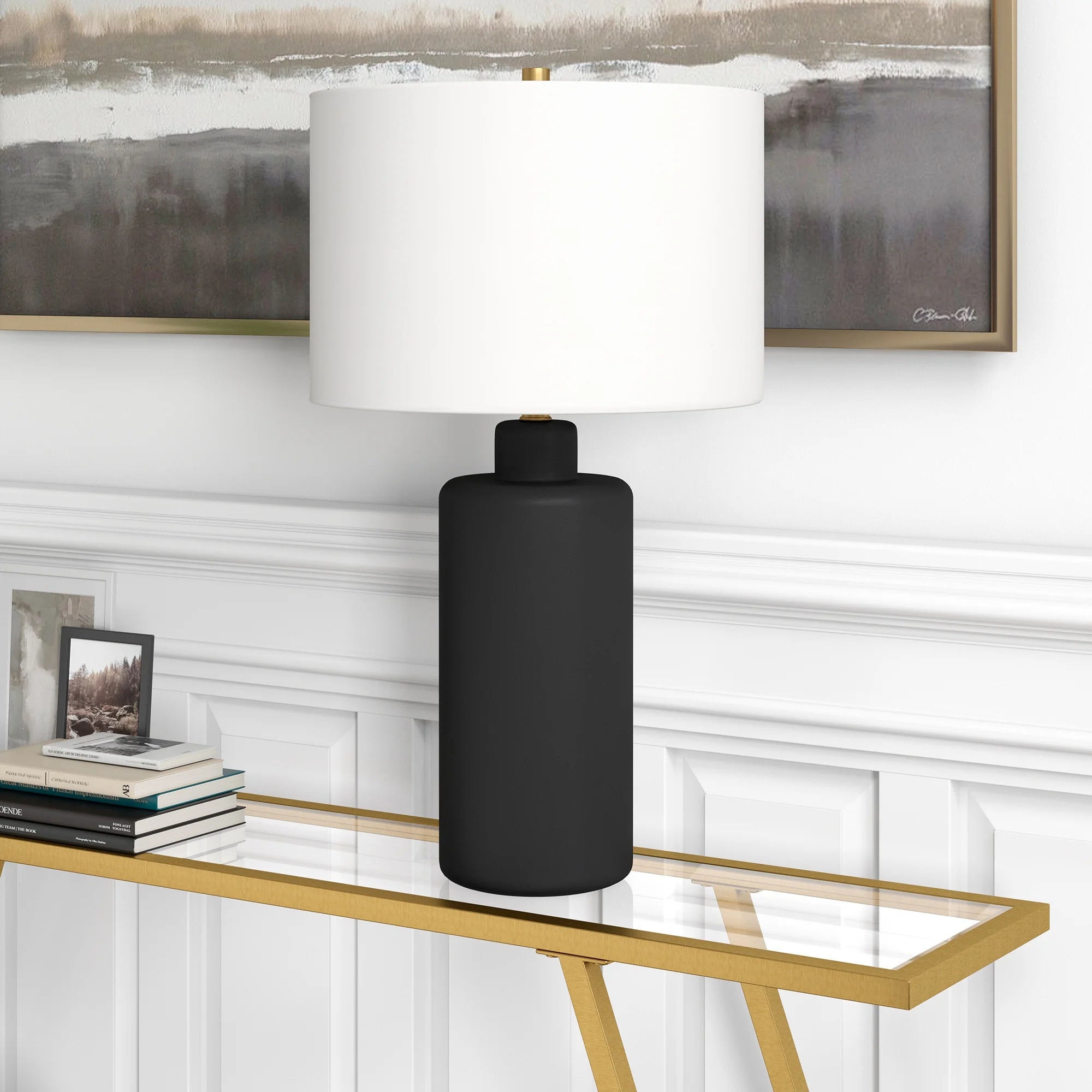25" Contemporary Ceramic Table Lamp with White Drum Linen Shade